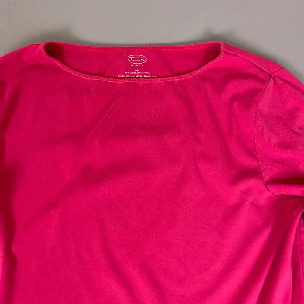 Talbots Top Women's Plus 1X Pink 3/4 Sleeve Boat Neck Cotton Spandex Knit Tee‎